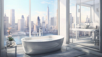Fototapeta na wymiar a bathroom with a white bathtub in front of a large window in the background a modern city can be seen. Generative AI