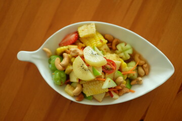 Fruits salad for vegetarians.Vegan.Top view.
