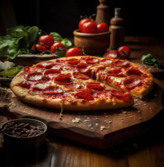 Large pepperoni pizza on wooden board. - obrazy, fototapety, plakaty