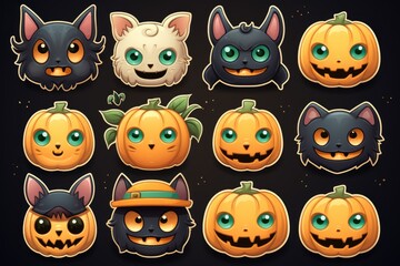 Halloween pumpkins vector set. Cute cartoon halloween characters. Generative AI.