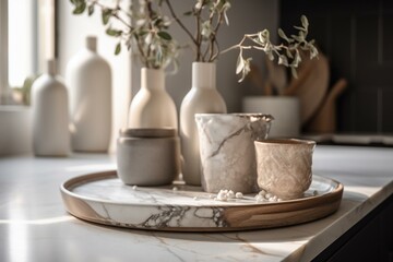 Closeup of unique kitchen design, featuring faux marble quartz and cream porcelain accessories. Generative AI
