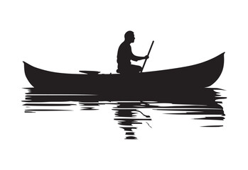 Person using canoe. Canoeing on the lake. Monochrome illustration