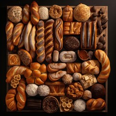 A lot of different bread beautifully laid out on a dark background, generative ai