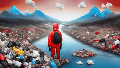 Fototapete Lachsfarbe Lonely human stands in ugly garbage landfill where everything is turning into plastic bags, even the clouds conceptual pollution image