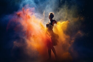 Illustration of a woman standing in the middle of vibrant colored powder created using generative AI
