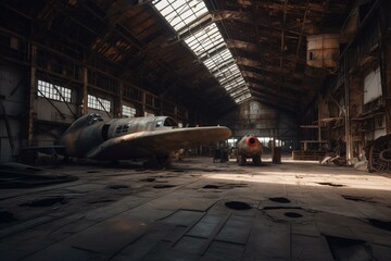 Abandoned military hangar or warehouse. Generative AI