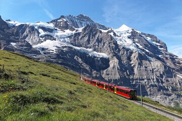 A cog-wheel train travels on famous Jungfrau Railway from Kleine Scheidegg on a green grassy...