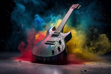 Illustration of a colorful guitar covered in vibrant powder on a dark background, created using generative AI