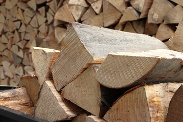 Chopped firewood logs. Preparing for winter. Cut logs fire hardwood. Heating. Expensive energy.