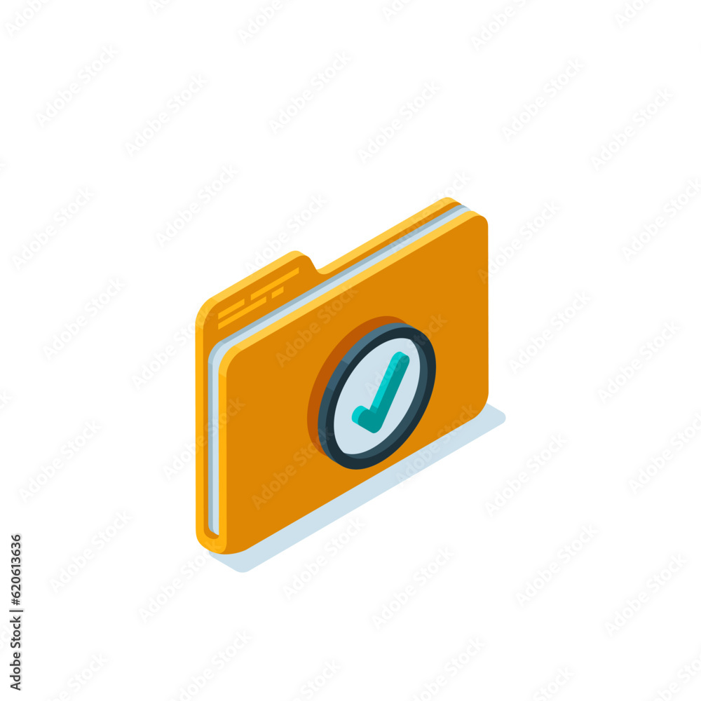 Poster isometric folder icon with a checkmark in color on a white background, completed work with documents