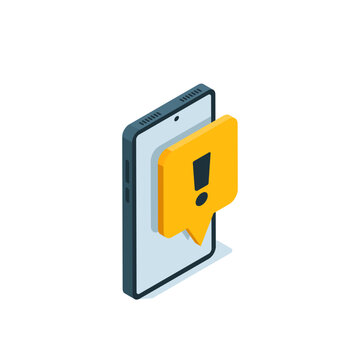 isometric mobile phone icon in black color on white background, yellow text bubble with exclamation sign, calls or emergency messages
