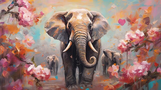 art illustration of cute elephant family in flower blossom atmosphere, Generative Ai