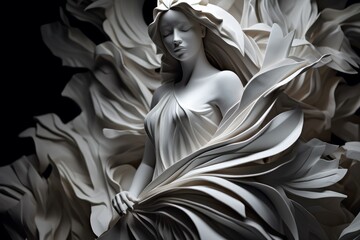 Illustration of a beautiful statue of a woman holding a delicate flower in her hand, created using generative AI