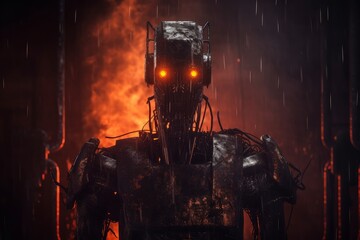 Illustration of a robot with glowing eyes standing in the rain, created using generative AI