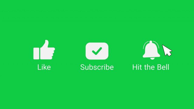 The animated reveal of the like, subscribe, and bell notification buttons. Isolated on a green background.