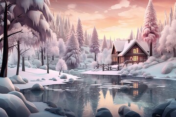 Illustration of a tranquil winter landscape with a frozen lake and cozy cabin nestled among snow-covered trees, created using generative AI