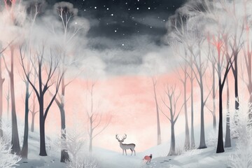 Illustration of a snowy forest with a majestic deer standing amidst the trees, created using generative AI
