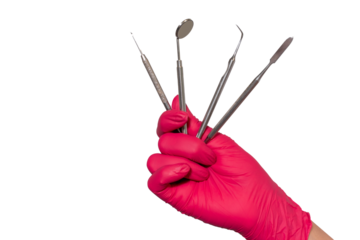 Close-up dentist hands in medical gloves hold dentistry tools, mirror isolated over white background Oral hygiene dental instruments, health care, orthodontic treatment copy space