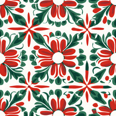 Retro colorful tile in the shape of a flower, in the style of red and green, elaborate borders, bold block prints, chicano-inspired, precisionist lines. 
