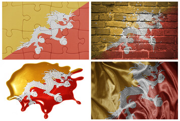 national colorful realistic flag of bhutan in different styles and with different textures on the white background.collage.