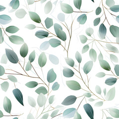 Seamless pattern with eucalyptus leaves on a white background, in the style of art of tonga, patchwork patterns, large scale canvases, green academia. Generative AI