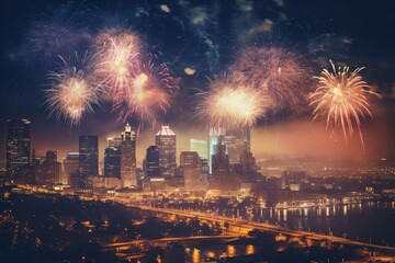 Obraz premium Illustration of Fireworks lighting up the night sky over a city, created using generative AI