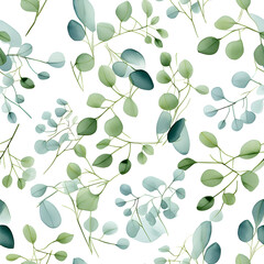 Obraz premium Seamless pattern with eucalyptus leaves on a white background, in the style of art of tonga, patchwork patterns, large scale canvases, green academia. Generative AI