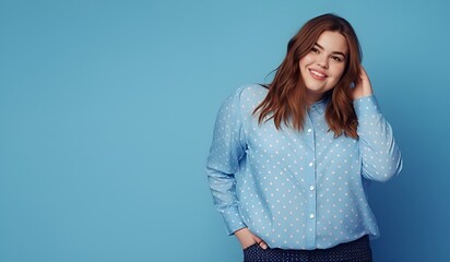 Plus size happy plump girl attractive overweight model on blue background, ai generated