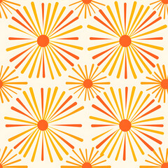 A minimalistic pattern featuring simple, geometric sunburst rays in warm and sunny colors, reminiscent of retro design elements associated with summer. Generative AI