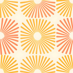Fototapeta premium A minimalistic pattern featuring simple, geometric sunburst rays in warm and sunny colors, reminiscent of retro design elements associated with summer. Generative AI