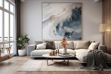 Illustration of interior home design, modern living room interior, wooden flooring, scandinavian, canvas paintings, marble, by Generative AI