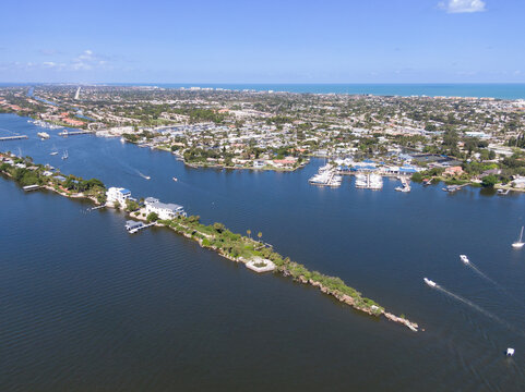 Aerial view of a Florida barrier island community along the intracoastal waterway.