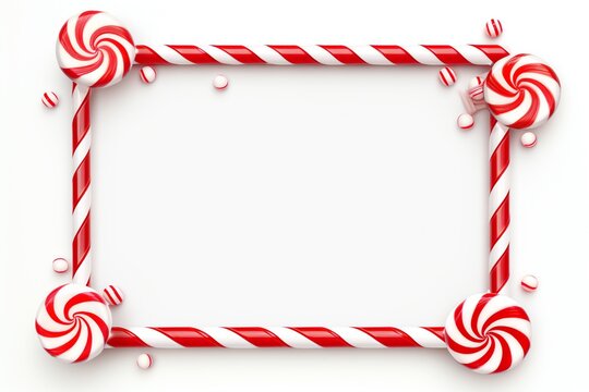 Christmas candy cane square frame with red and white striped. Xmas border with striped candy lollipop pattern. Blank christmas and new year template on isolated white background. Generative AI