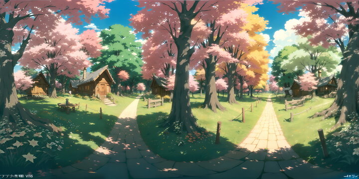 Full 360 degrees seamless spherical panorama HDRI equirectangular projection of Fairtale Magic Forest Anime. Texture environment map for lighting and reflection source rendering 3d scenes.