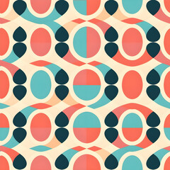 A clean and minimal seamless pattern featuring a grid of simple geometric circle shapes, arranged in a repetitive and symmetrical layout with retro color scheme. Generative AI
