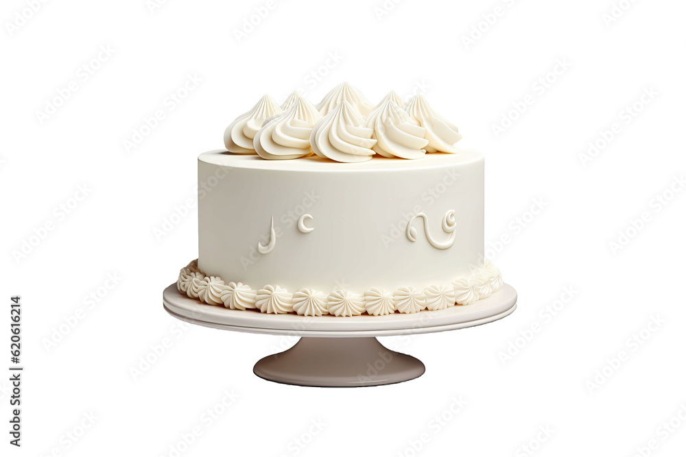 Poster a white birthday cake is depicted in a 3d rendering, standing alone on a transparent background. it 