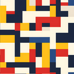 Fototapeta premium A pattern featuring geometric blocks of primary colors (red, yellow, and blue) arranged in a repetitive and symmetrical layout, reflecting the iconic color palette of Bauhaus design. Generative AI