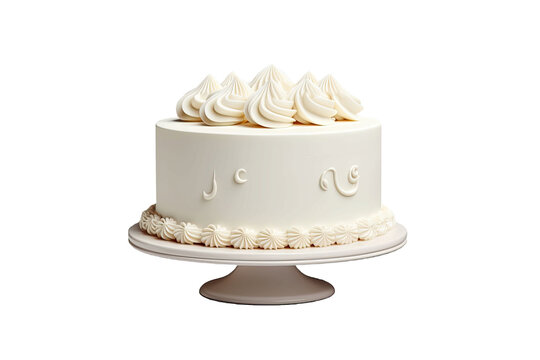 A white birthday cake is depicted in a 3D rendering, standing alone on a transparent background. It is suitable as a design element for your own birthday cake creation.