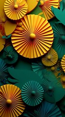 yellow, green Graduation paper holiday fans. New Year holiday, birthday background. Decorative object. AI generated