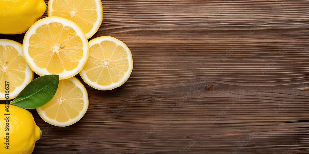 Poster citrus refreshment. closeup of top view of fresh fruit and lemon slice on a wooden table with copy s