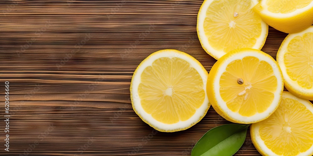 Poster citrus refreshment. closeup of top view of fresh fruit and lemon slice on a wooden table with copy s