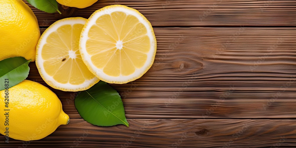 Poster citrus refreshment. closeup of top view of fresh fruit and lemon slice on a wooden table with copy s
