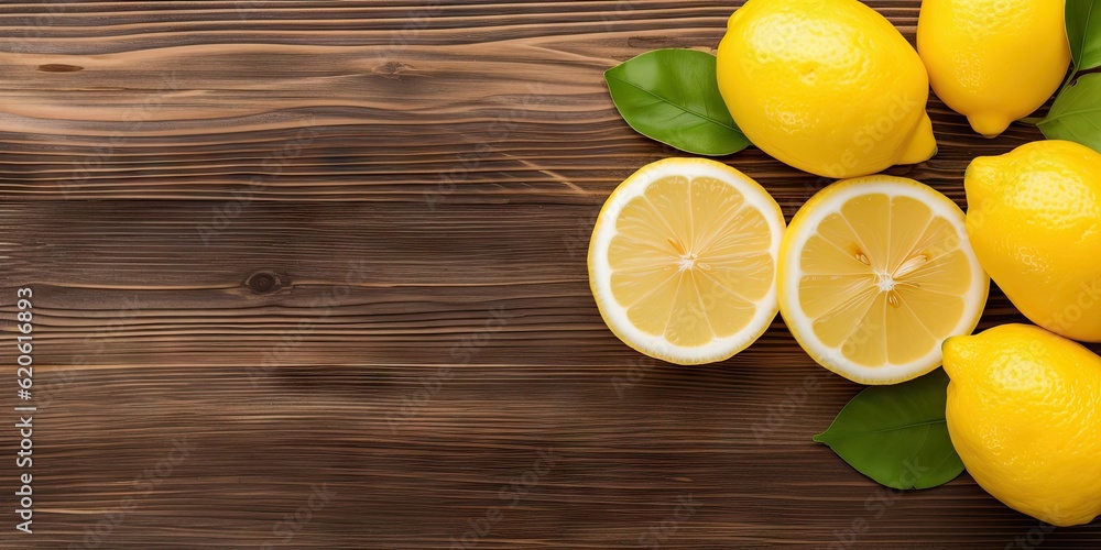 Poster citrus refreshment. closeup of top view of fresh fruit and lemon slice on a wooden table with copy s