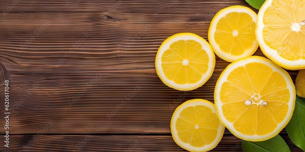 Poster citrus refreshment. closeup of top view of fresh fruit and lemon slice on a wooden table with copy s