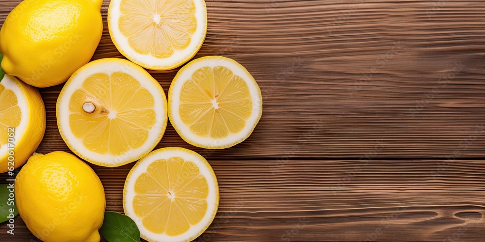 Poster citrus refreshment. closeup of top view of fresh fruit and lemon slice on a wooden table with copy s