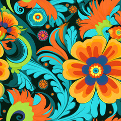 A seamless pattern inspired by retro psychedelic art, incorporating bold and vibrant colors, swirling patterns, and flower motifs, evoking the nostalgic and groovy vibe of the 1960s. Generative AI.