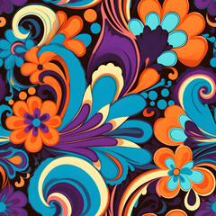 Fototapeta na wymiar A seamless pattern inspired by retro psychedelic art, incorporating bold and vibrant colors, swirling patterns, and flower motifs, evoking the nostalgic and groovy vibe of the 1960s. Generative AI.
