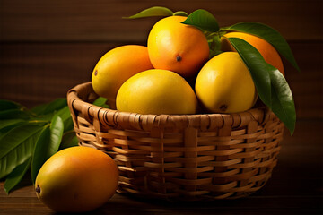 Fototapeta na wymiar mangoes in a bamboo basket on a wooden background