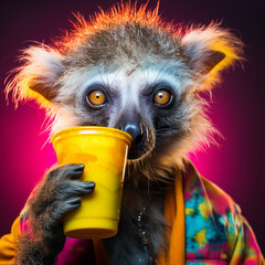 Photo of a funny lemur animal drinking. Generative AI