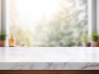 Clean and Elegant: Empty White Marble Stone Tabletop with Shelf, Against a Blurred Background. Perfect for Food and Product Display. Generative ai
